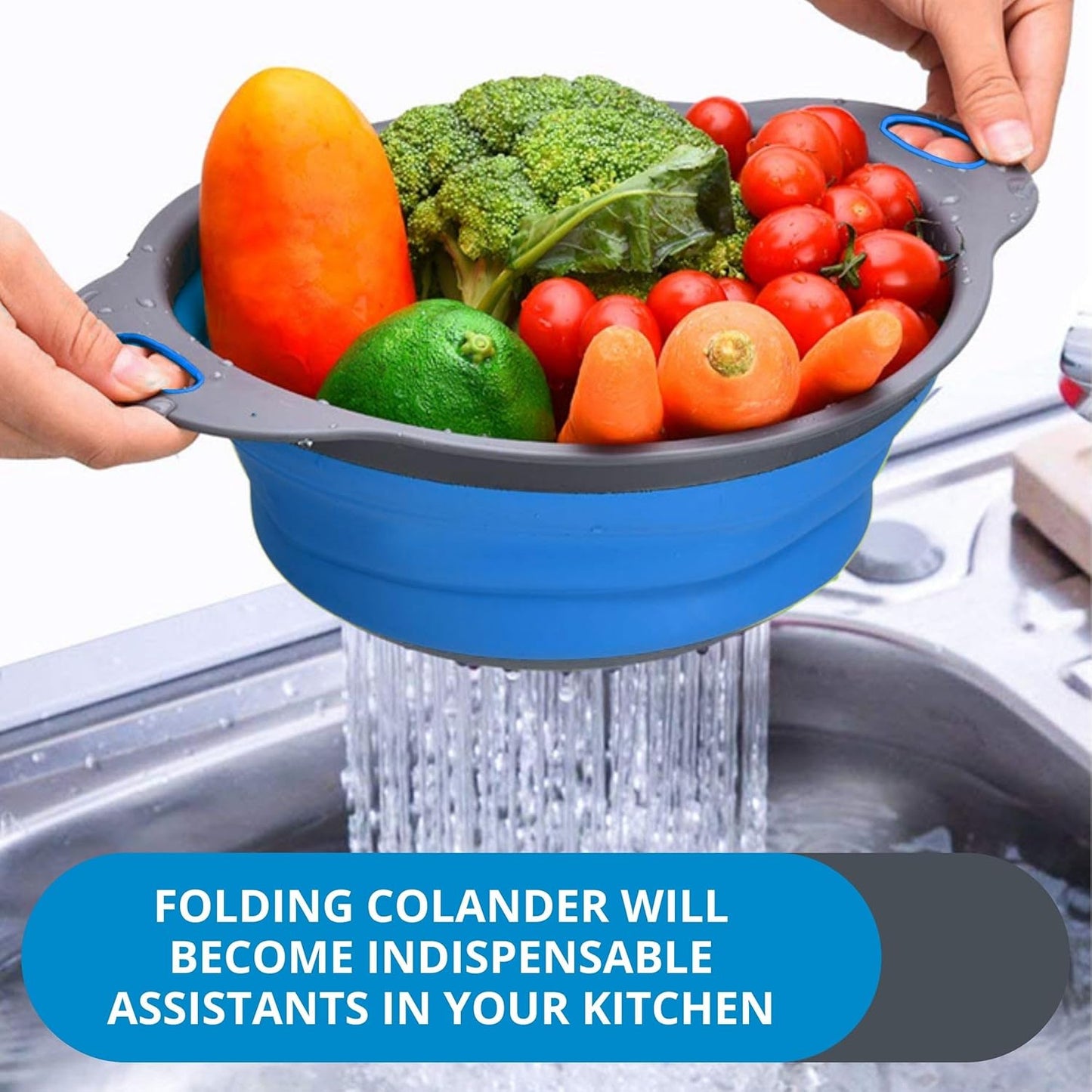 Green Kitchen Strainer Colander Set - 2 PCS Multifunctional Colander Silicone Food Strainers for Kitchen for Pasta and Spaghetti Collapsible with Plastic Handles