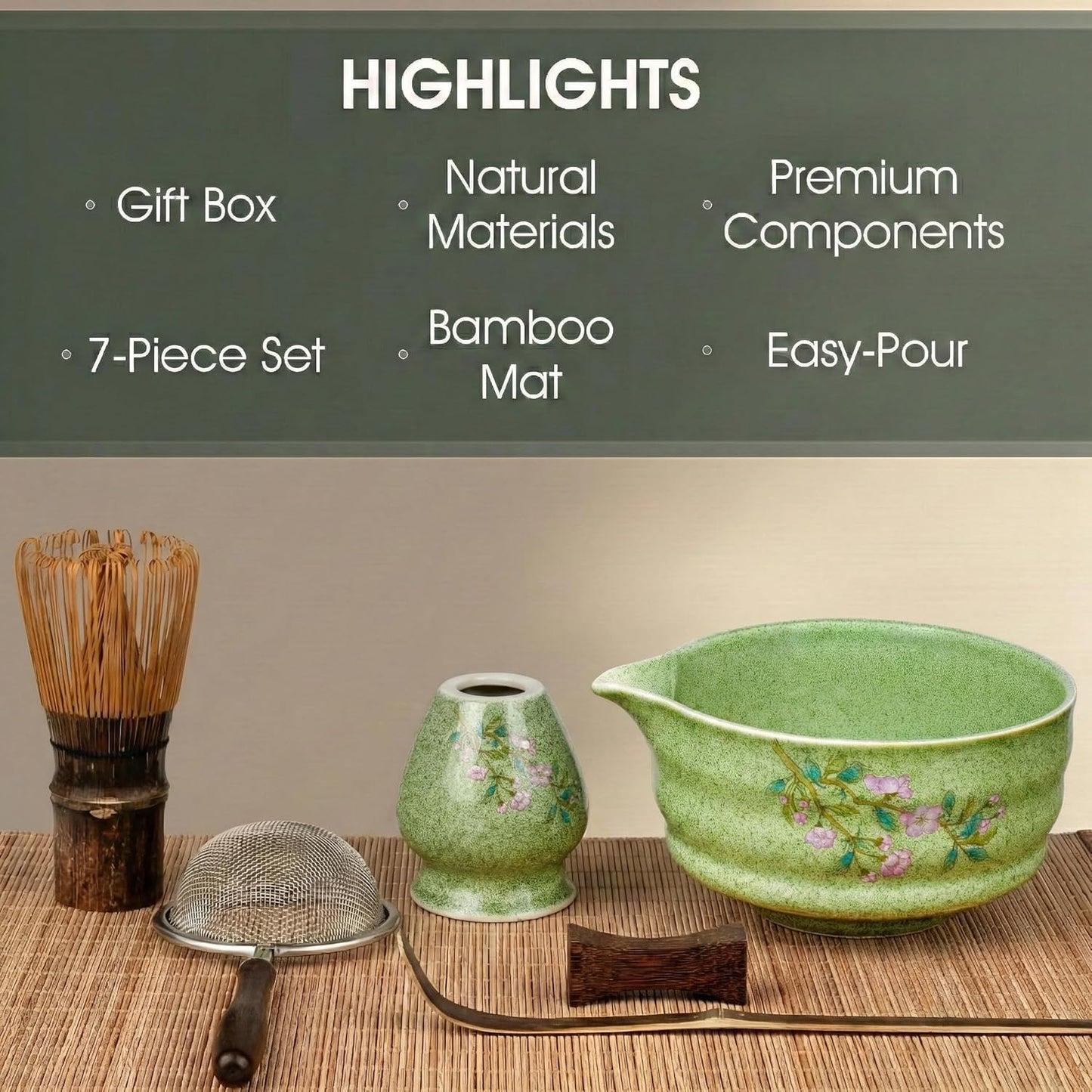 Matcha Whisk Set 7-Piece with Handmade Matcha Bowl & 100-Prong Purple Bamboo Whisk (Chasen), Complete Matcha Kit with Holder, Scoop & Rest, Bamboo Tea Mat, Gift-Ready Matcha Set