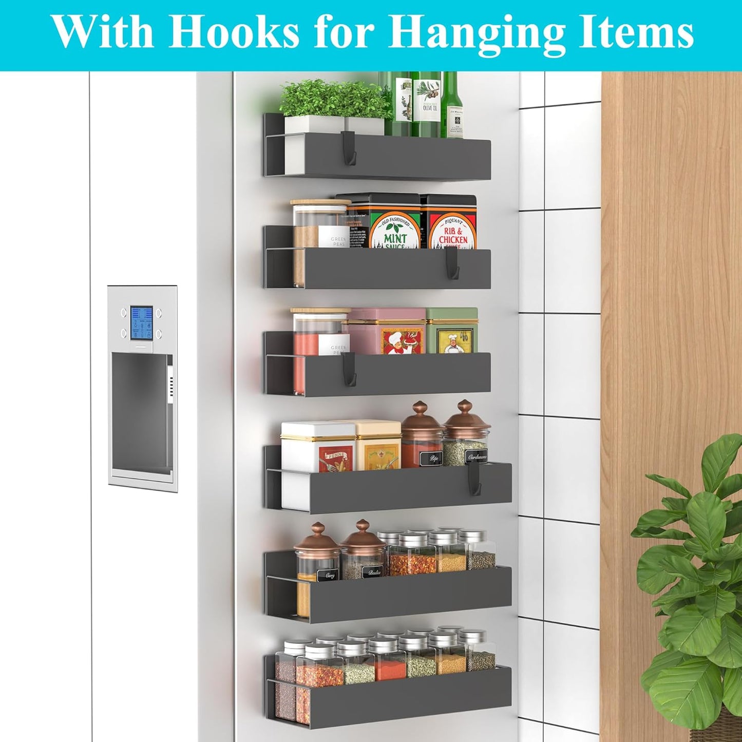 HuggieGems Metal 4 Pack Magnetic Spice Storage Rack Organizer for Refrigerator and Oven, Black Fridge Organizers and Storage, Metal