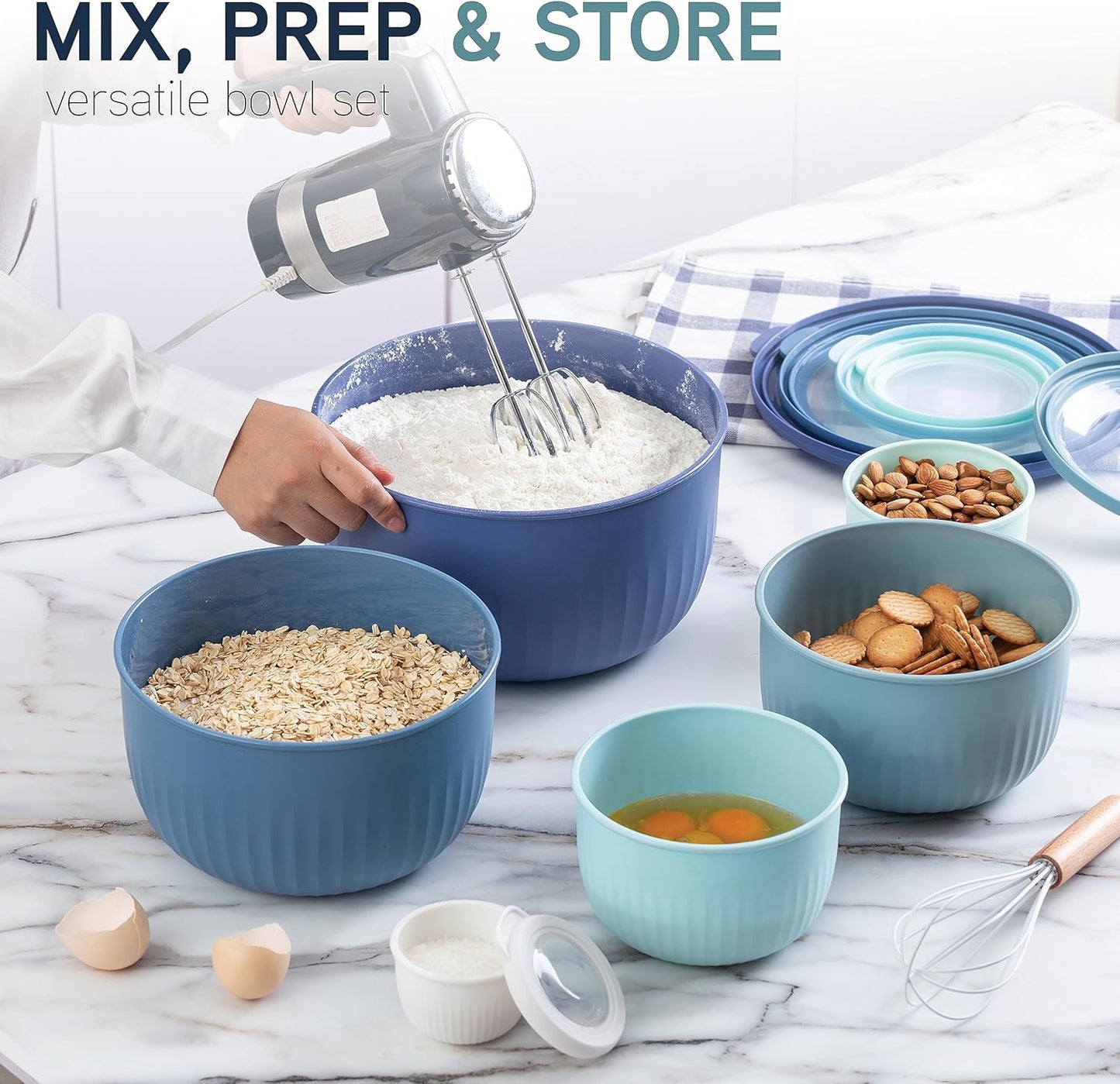 COOK WITH COLOR Prep Bowls with Lids- Wide and Deep Nesting Plastic Small Mixing Bowl Set with Lids, 8 Piece Set - Wide Bowls, Blue