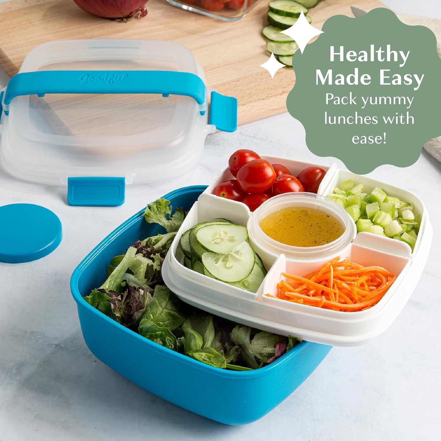 Goodful Stackable Lunch Box Container, Bento Style Food Storage with Removeable Compartments for Sandwich, Snacks, Toppings & Dressing, Leak-Proof and Made without BPA, 56-Ounce, Teal