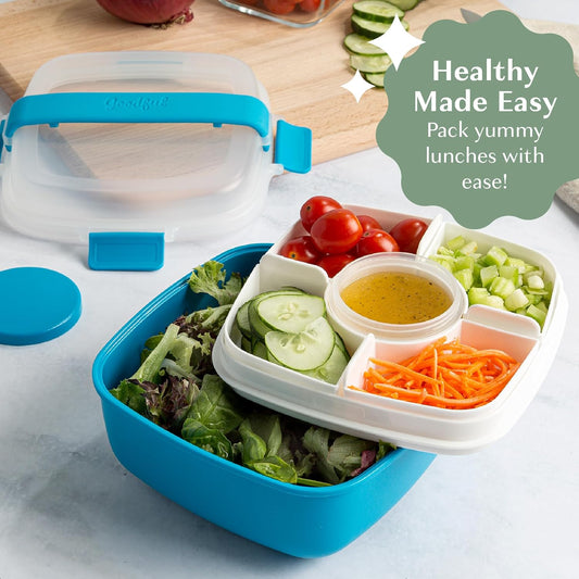 Goodful Stackable Lunch Box Container, Bento Style Food Storage with Removeable Compartments for Sandwich, Snacks, Toppings & Dressing, Leak-Proof and Made without BPA, 56-Ounce, Teal