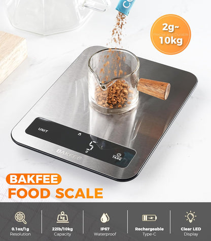 100% Waterproof Food Scale, IP67 Digital Kitchen Scale, Rechargeable (USB-C), 0.1oz/1g Precision, 22lb Capacity, Stainless Steel & Tempered Glass, for Cooking, Making Sourdough Bread, Grey