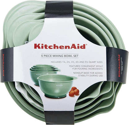KitchenAid Universal Nesting Plastic Mixing Bowls, Set Of 3, 2.5 quart, 3.5 quart, 4.5 quart, Non Slip Base with Easy Pour Spout to Reduce Mess, Dishwasher Safe, Aqua Sky, White, Gray
