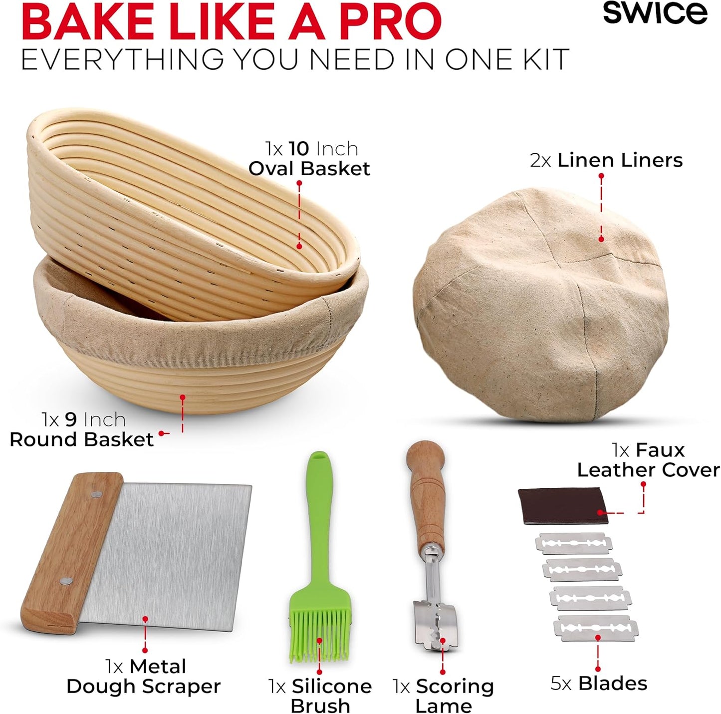Swice Bread Proofing Basket, Round 9-Inch Banneton Sourdough Starter Kit with Lame, Dough Scraper, Linen Liner, and Basting Brush, Complete Bread Making Supplies and Tools