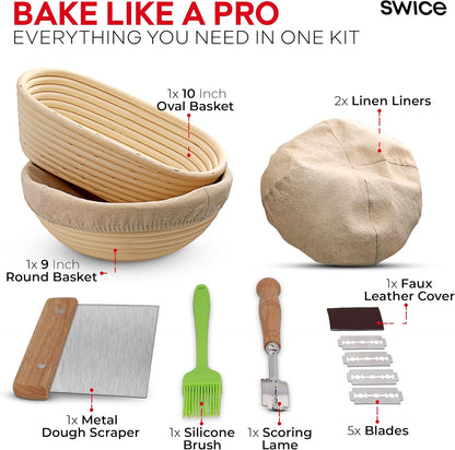 Swice Bread Proofing Basket, Round 9-Inch Banneton Sourdough Starter Kit with Lame, Dough Scraper, Linen Liner, and Basting Brush, Complete Bread Making Supplies and Tools