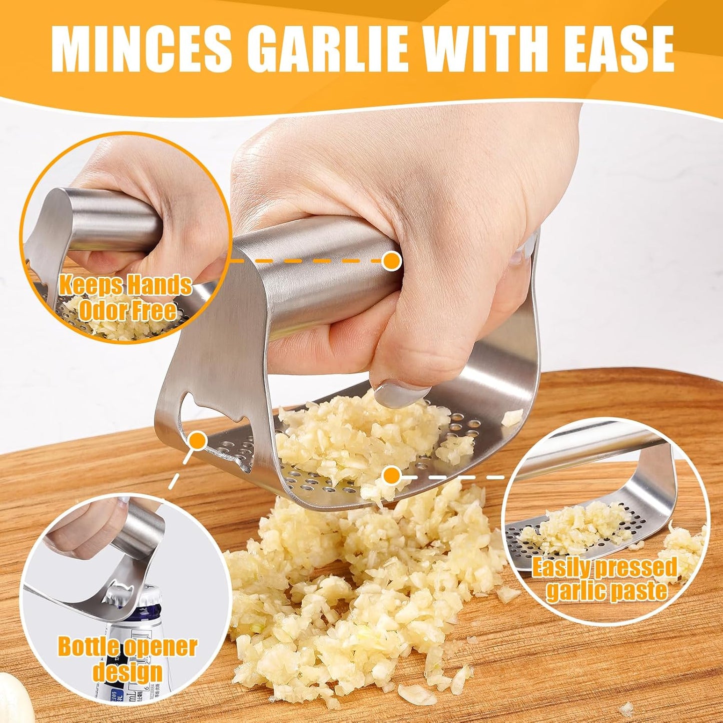 Garlic Press Rocker,Manual Crusher & Mincer with Ergonomic Handle for Easy Cleaning,Rust Proof Kitchen Tool for Ginger (Silveropen)