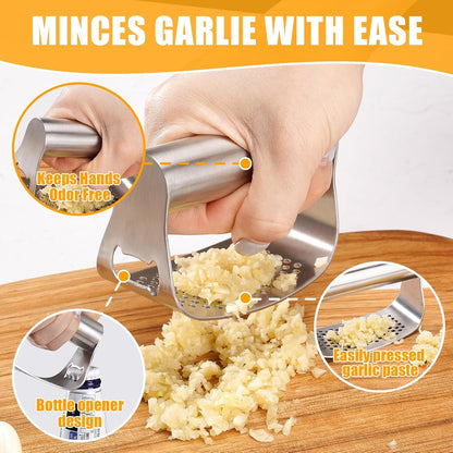 Garlic Press Rocker,Manual Crusher & Mincer with Ergonomic Handle for Easy Cleaning,Rust Proof Kitchen Tool for Ginger (Silver)