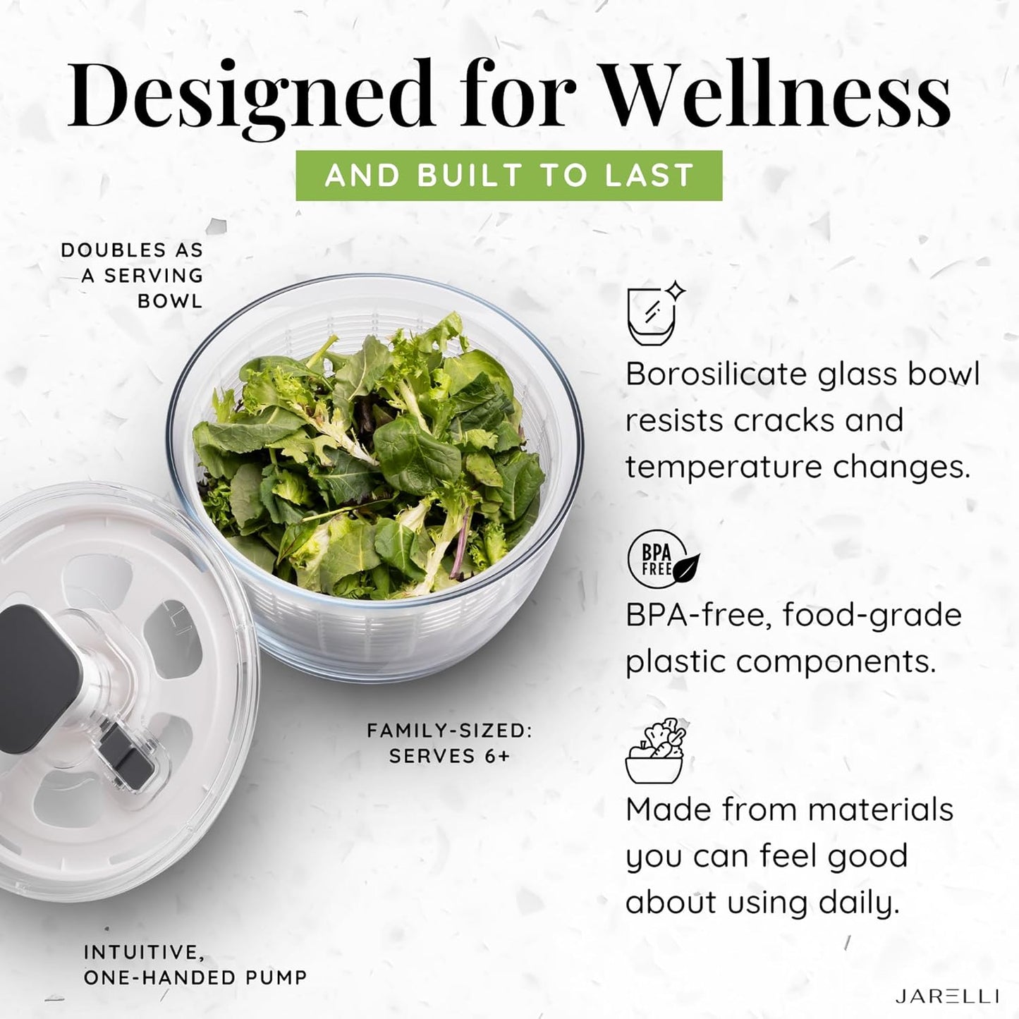 Borosilicate Glass Salad Spinner with Push Button & Storage Lid - Large Capacity 6.3QT Lettuce & Fruit Washer with BPA-Free Draining Colander - Spinning Vegetable Dryer Doubles as a Serving Bowl