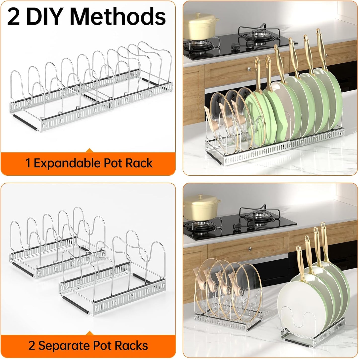 MUDEELA Pots and Pans Organizer Rack for under Cabinet, Expandable 11.81''-22.85'' Pot Lid Kitchen Cabinet Organizer Holder with 10 Adjustable Compartment Cutting Board Organizer for Pan Lid, Bakeware