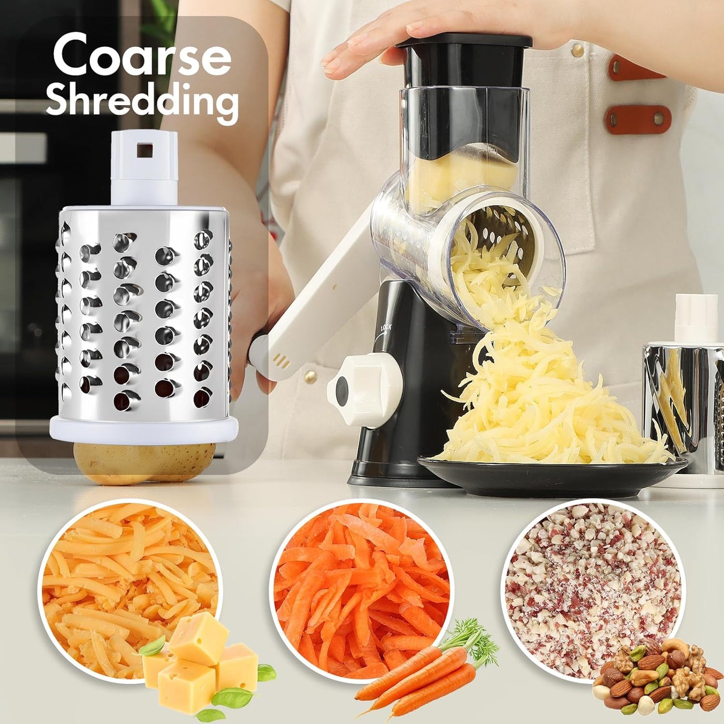 Rotary Cheese Grater with Handle, Round Mandoline Speed Kitchen Slicer, 3 in 1 Multifunctional Vegetable Shredder Manual Nut Grinder for Nuts, Potato, Carrot, Cucumber (Pink)