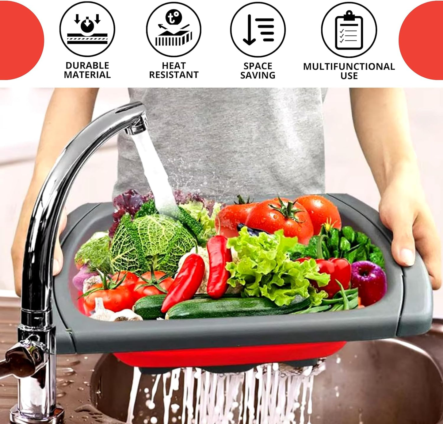 White Round Silicone Collapsible Colander – Silicone Round Kitchen Strainers with Plastic Handles Small Foldable Kitchen Strainer Perfect for Draining Pasta Vegetable and Fruit