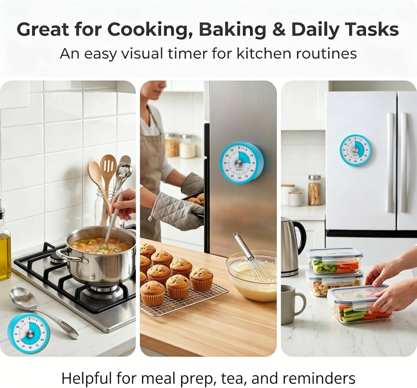 Searon Magnetic Visual Kitchen Timer, 60 Minute Countdown Timer with LED Alert, Turn the Dial to Start, No Winding Needed for Cooking, Baking, Meal Prep & Daily Kitchen Tasks (Blue)