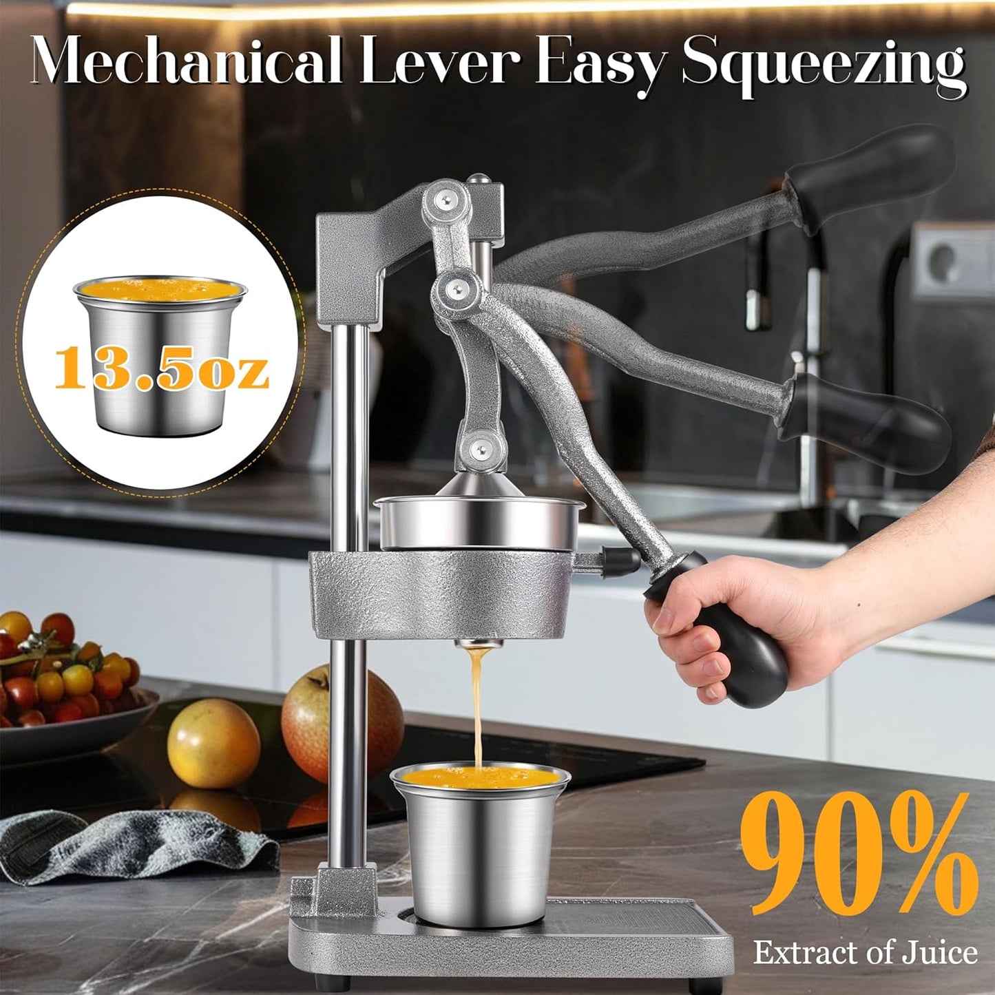 Cast Iron Manual Juicer Hand Press, Lemon Squeezer, Commercial-Grade Citrus Press Suitable for Oranges, Lemons, Limes, and Pomegranates Easy to Clean Includes Stainless Steel Cup, Black