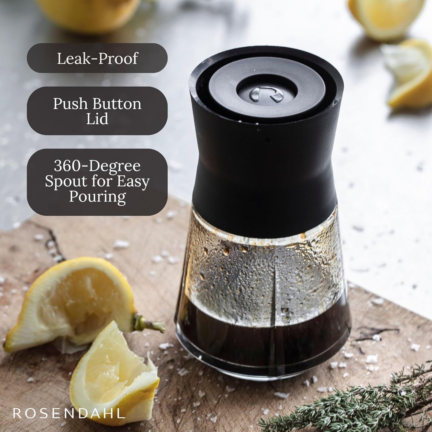 Rosendahl Grand Cru 8.5 Oz Dressing Shaker - Elegant Black Glass Container with Push-Button Lid, 360-Degree Spout for Easy Pouring, Leak-Proof, Multifunctional Kitchen Essential for Homemade Dressings