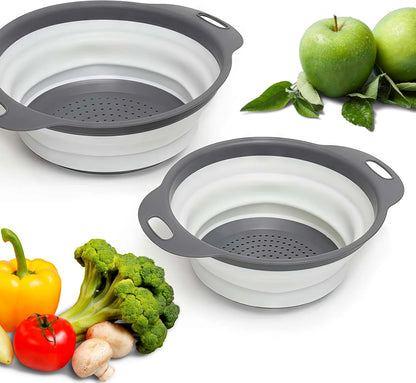 Green Kitchen Strainer Colander Set - 2 PCS Multifunctional Colander Silicone Food Strainers for Kitchen for Pasta and Spaghetti Collapsible with Plastic Handles