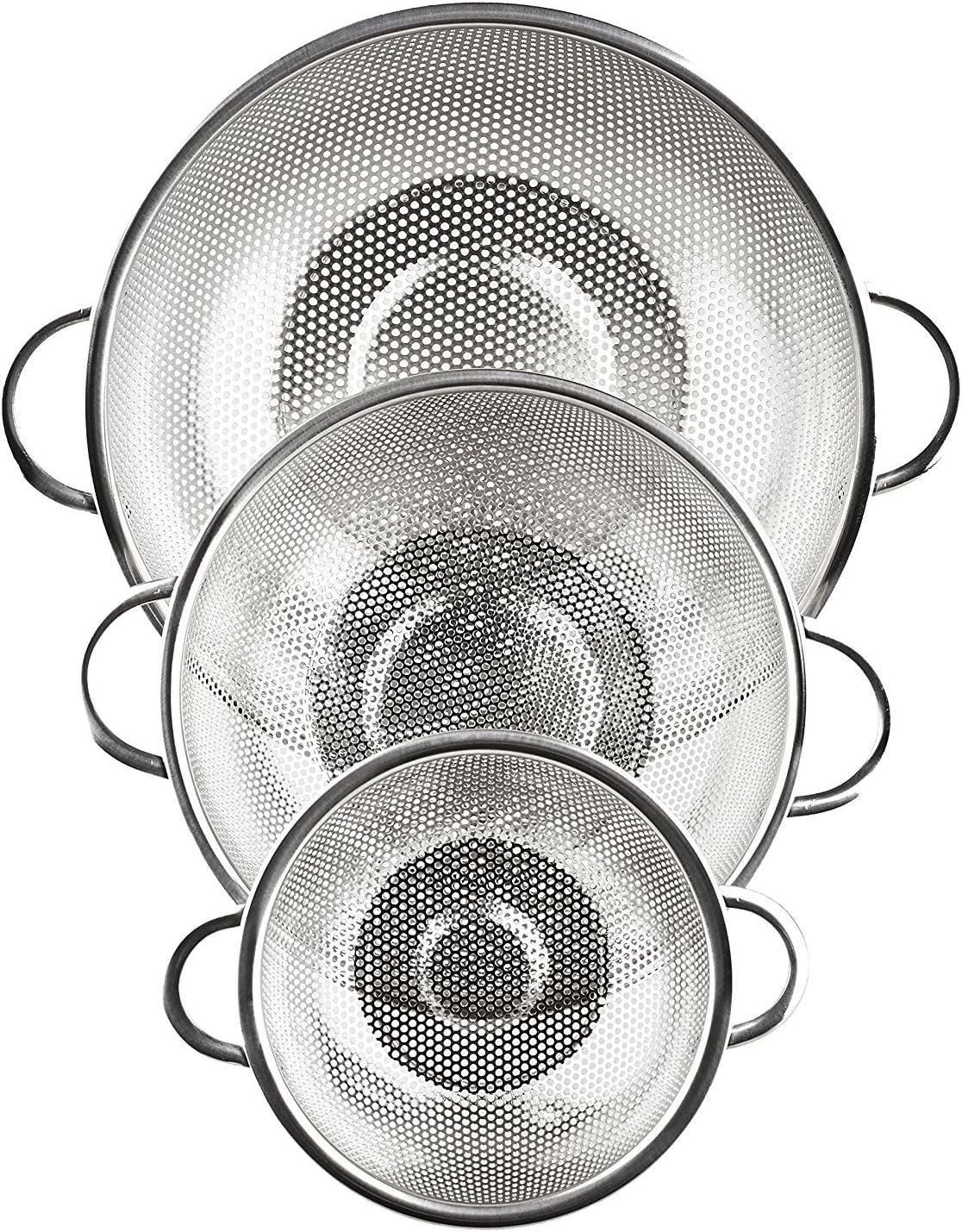 3-Piece Stainless Steel Mesh Micro-Perforated Strainer Colander Set (1-Quart, 2.5-Quart and 4.5-Quart)