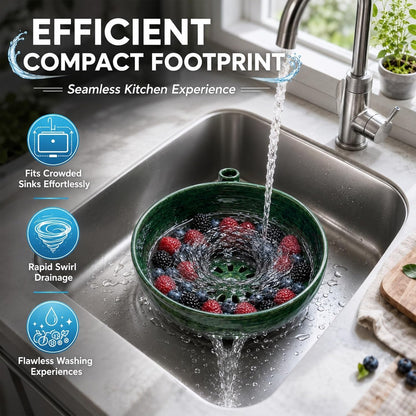 Self Spinning Washing Berry Bowl, Original Ceramic Fruit Vortex Washer with Drainage Holes, Quick Rotating Swirl Colander Basket for Kitchen Counter, Handmade Cleaning Strainer Equipment