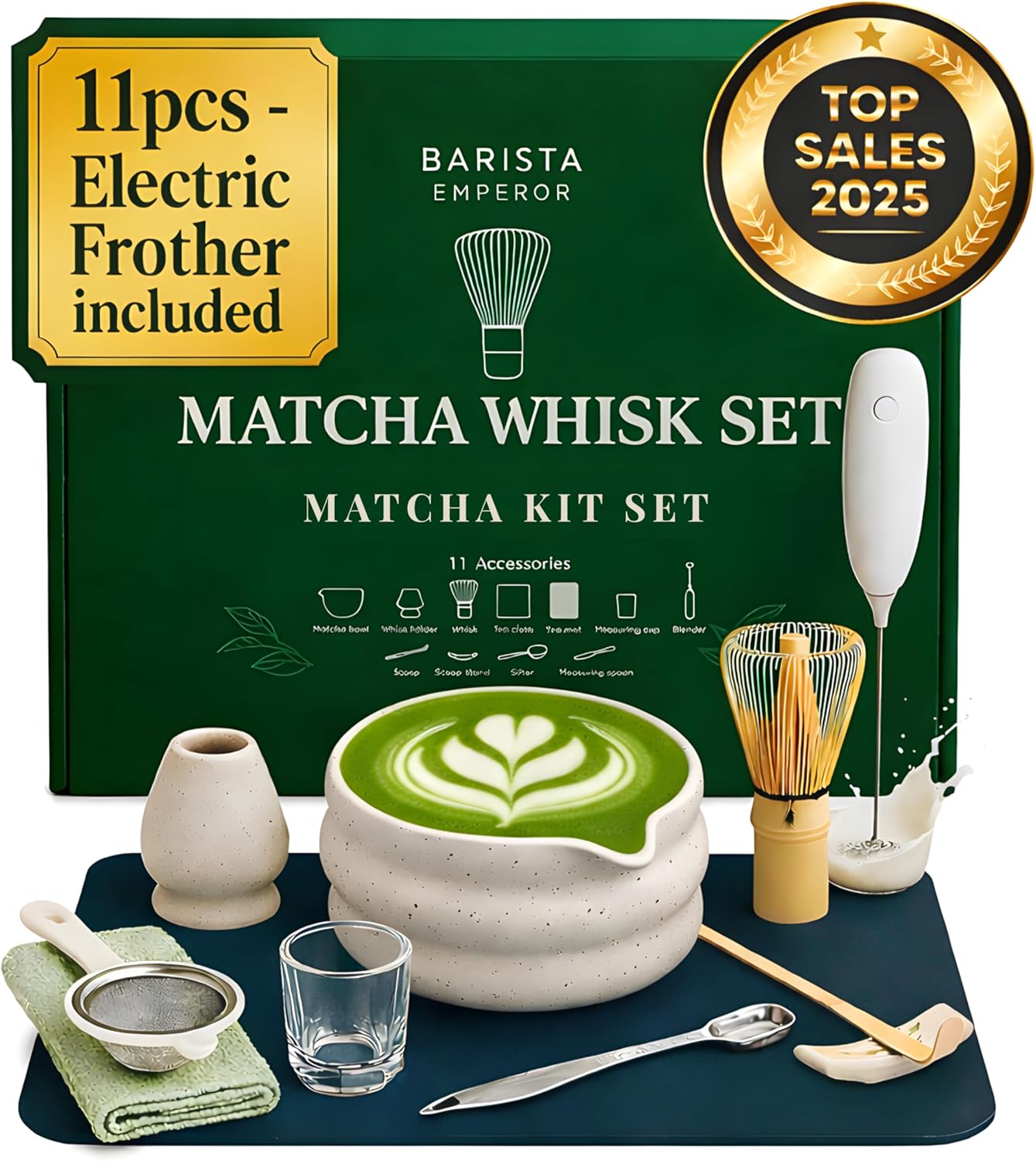 BARISTA EMPEROR® MATCHA WHISK SET PREMIUM 11pcs - Professional Matcha Kit Set with Matcha Bowl, Matcha Whisk, Milk Frother, Spoon, Sifter, Scoop, Stand, Cup, Tea Mat, Cloth - Matcha Bowl Set