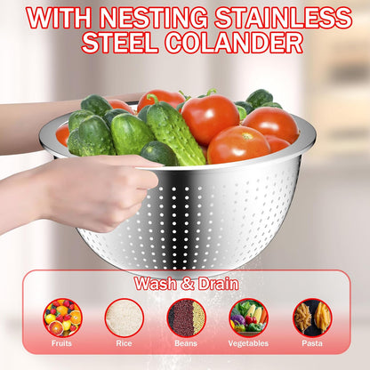 DUTZUN Mixing Bowls with Lids Set, Stainless Steel Mixing Bowls with Colander, Strainer with Mixing Bowl Set, Serving Bowl Kitchen Gift, Size 4.5, 2.5, 2, 1.5QT - Black