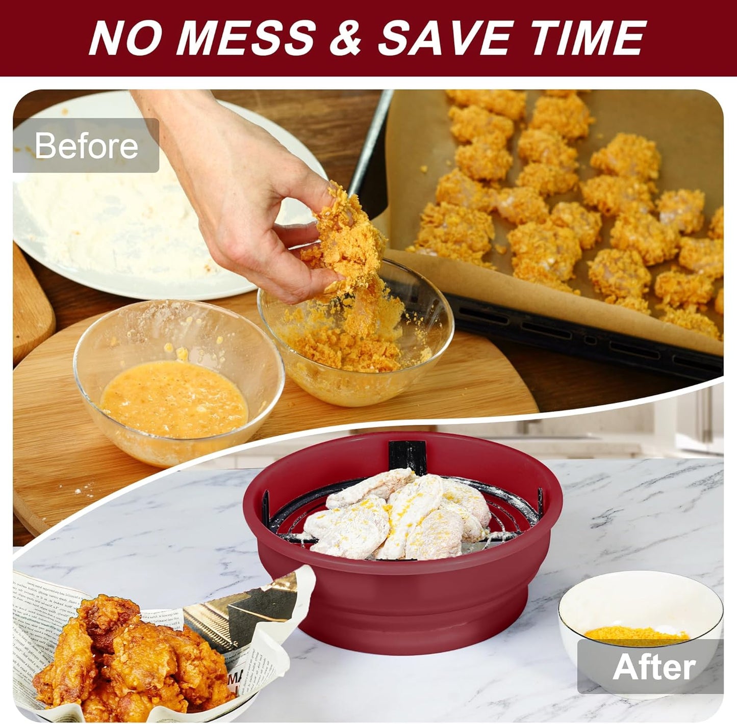FJNATINH Collapsible Batter Bowl - Mess Free Better Breader Shaker Bowl with Lid Breading Shaker Container - Great for Fried Fish, Fried Chicken, Onion Rings, Wings & More,No Leak,Easy to Store
