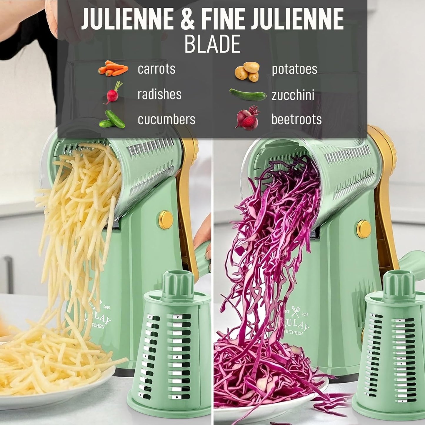 Zulay Kitchen Rotary Cheese Grater 5 Blade Cheese Shredder - Manual Hand Crank Cheese Grater With Reinforced Suction & 5 Interchangeable Drums - Easy to Use, Vegetable Chopper Round Mandoline Slicer - Colors A