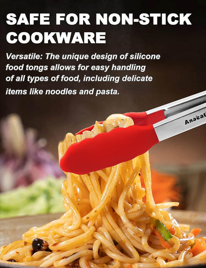 Anaeat Non-Stick Silicone Locking Tong Set of 3 - Stainless Steel 7", 9", 12" Kitchen Food Tongs with Non-Slip Silicone Tips and Grip for Cooking, Baking and BBQ - Heat Resistant up to 480°F (Black)