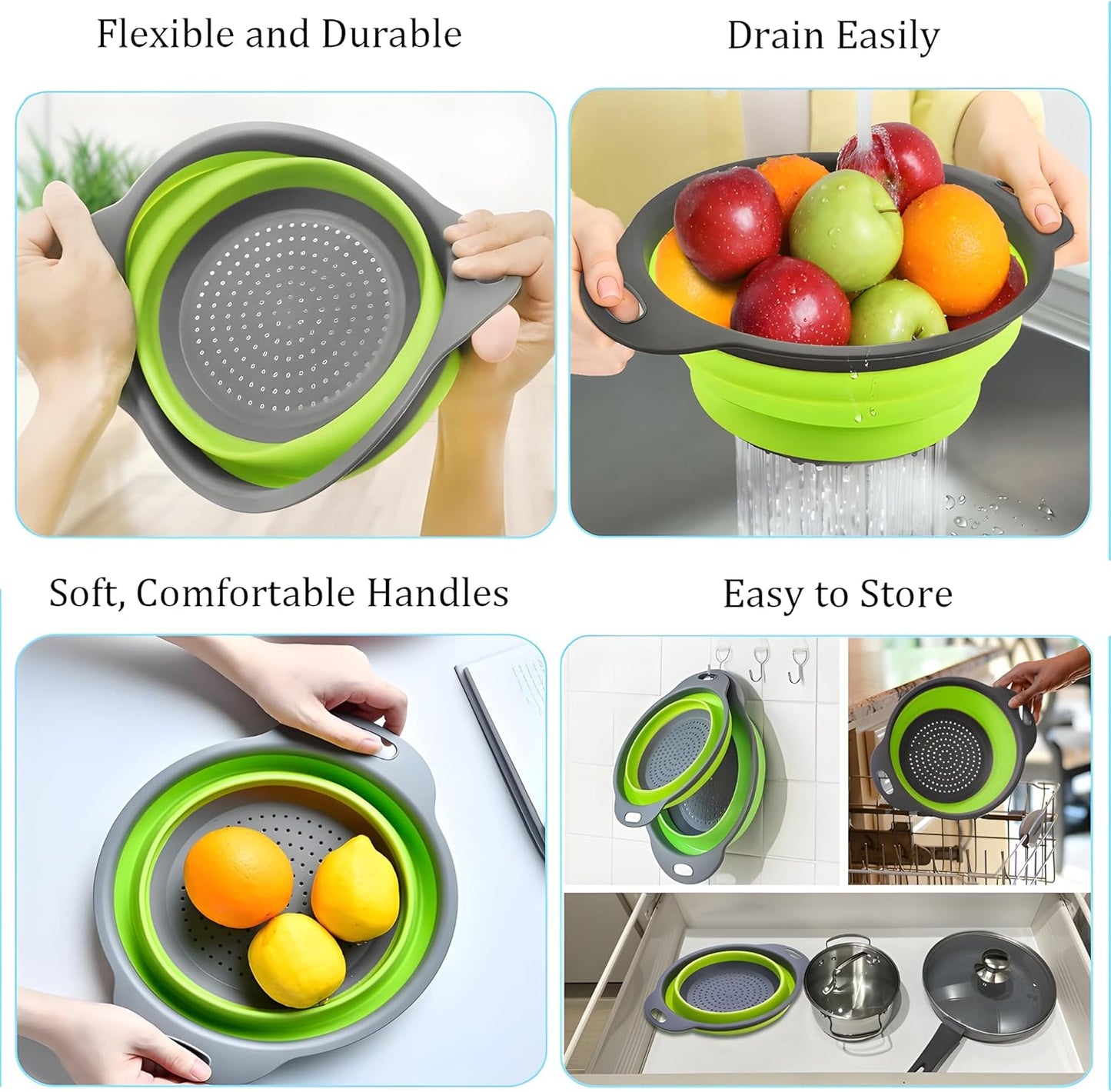 UVB Foldable Silicone Colander with 2 Stainless Steel Hooks & Collapsible Funnel, Kitchen Strainer Basket for Pasta, Fruit and Vegetables, Space Saving Sink Colander for Home Kitchen – Red