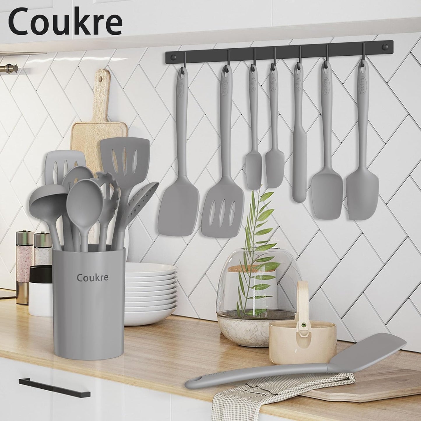 Coukre Silicone Kitchen Cooking Utensils Set with Holder – Heat-Resistant, Food-Grade Kitchen Tools, Spatula, Spoon & Gadgets for Non-Stick Pans, Dishwasher Safe (14, PureBlack)
