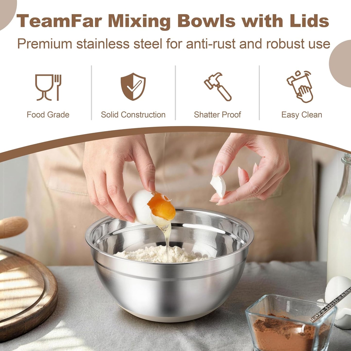 TeamFar Mixing Bowls, Black Mixing Bowls with Lids Set, Stainless Steel Nesting Salad Bowl with Air-tight Lid & Silicone Bottom, Non Slip & Stackable - Set of 6-4.6/2.6/2 / 1.5/1 / 0.7 Qt