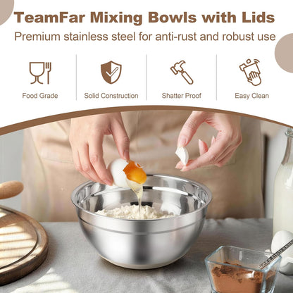 TeamFar Mixing Bowls, Black Mixing Bowls with Lids Set, Stainless Steel Nesting Salad Bowl with Air-tight Lid & Silicone Bottom, Non Slip & Stackable - Set of 6-4.6/2.6/2 / 1.5/1 / 0.7 Qt