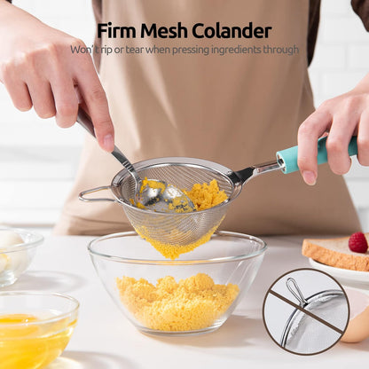 18/8 Stainless Steel Mesh Strainer: U-Taste 5.5 Inch Kitchen Fine Mesh Sieve Food Colander with Riveted Sturdy Silicone Handle and 30 Mesh Hole for Straining Flour, Pasta, Fruit, Quinoa(Aqua Sky)
