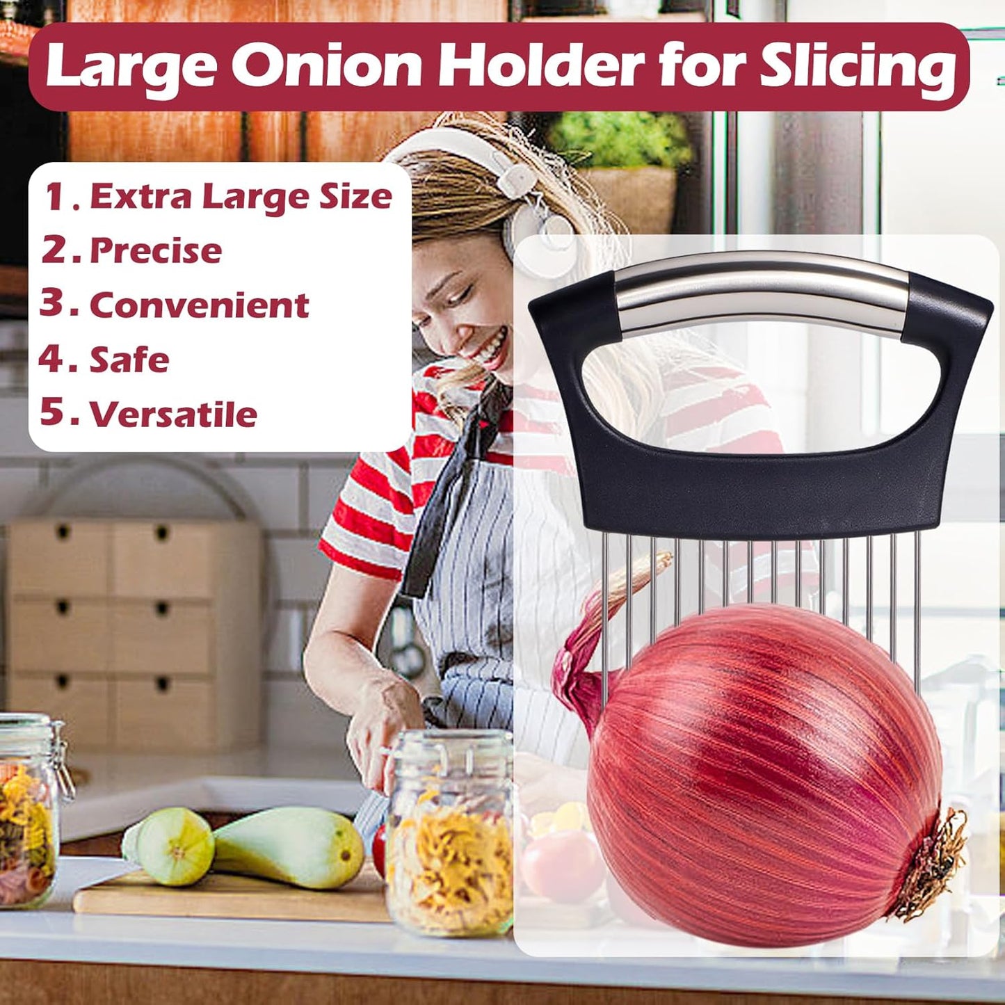 JAYVAR Extra-Large Onion Holder for Slicing, 304 Stainless Steel Onion Cutter Vegetable Chopper, Extra-Large Tomato Slicer with 16 Long Needles, Potato Slicer, Meat Tenderizer, Food Slicing Guide