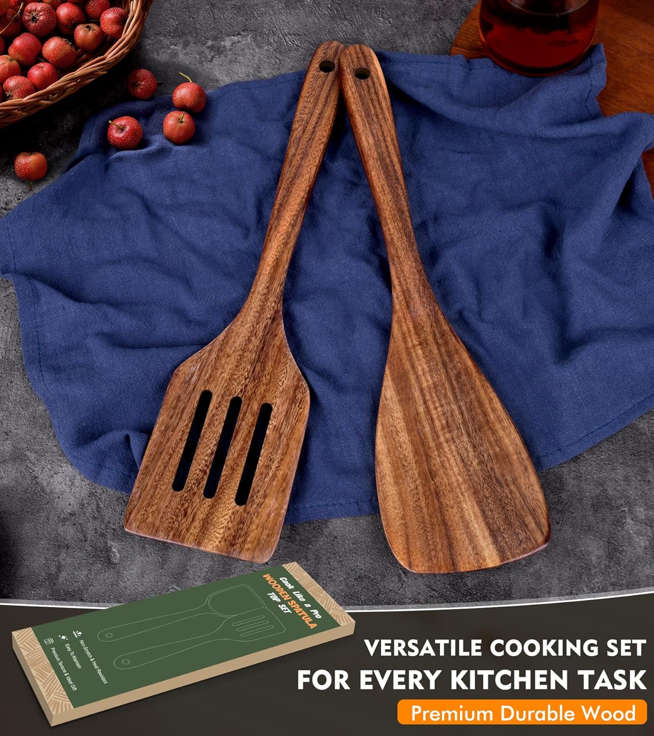 2Pcs Wooden Spatula, Acacia Solid & Slotted Turner Spatula Set, Long Handle Flat Frying Spatulas, Ideal Kitchen Gift for Mother and Grandma, Kitchen Utensils Set for Cooking, Frying, Baking