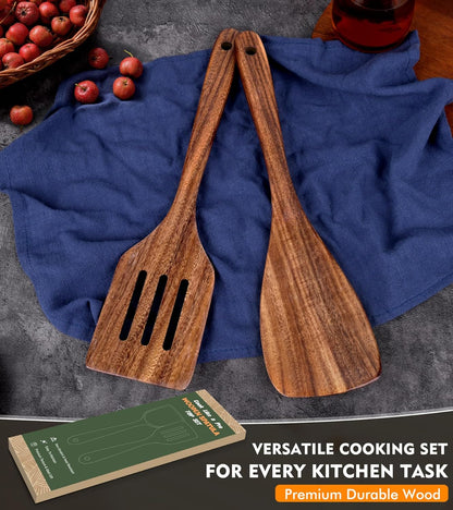2Pcs Wooden Spatula, Acacia Solid & Slotted Turner Spatula Set, Long Handle Flat Frying Spatulas, Ideal Kitchen Gift for Mother and Grandma, Kitchen Utensils Set for Cooking, Frying, Baking
