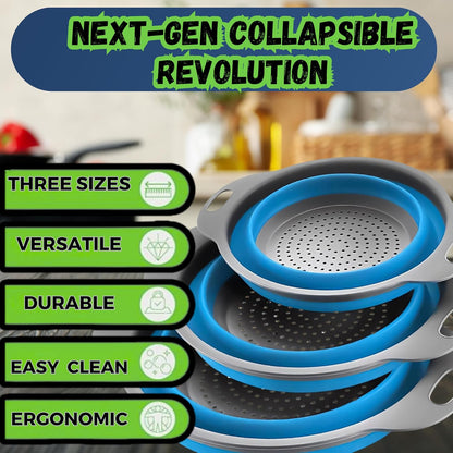 Collapsible Colander Set of 2, Foldable Silicone Pasta Strainer with Handles, 2 Pack Space Saving Kitchen Colander for Fruits,Space Saving Pasta Strainer Basket for Fruits & Vegetables
