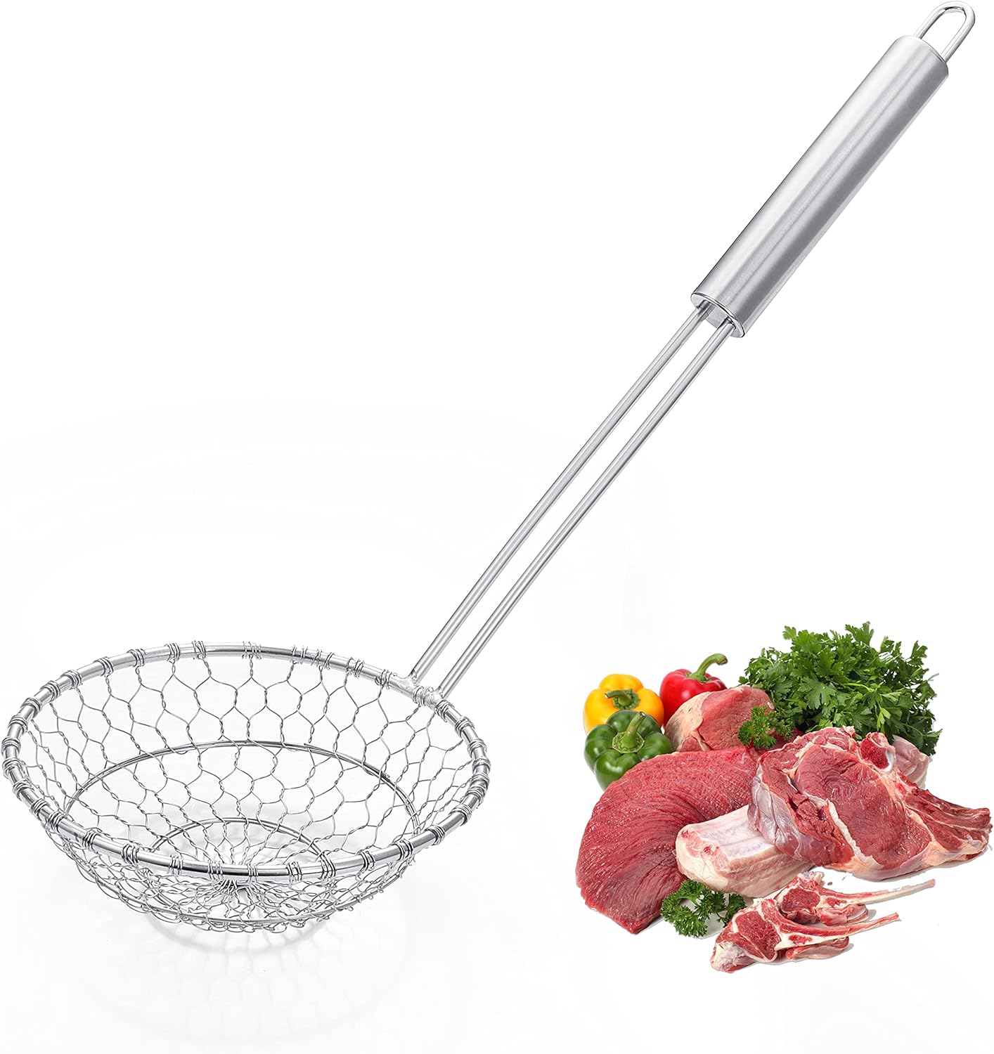 Stainless Steel Spider Strainer Asian Kitchen Wire Food Cooking Skimmer With Natural Bamboo Handle, 6-Inch, Hand-Made