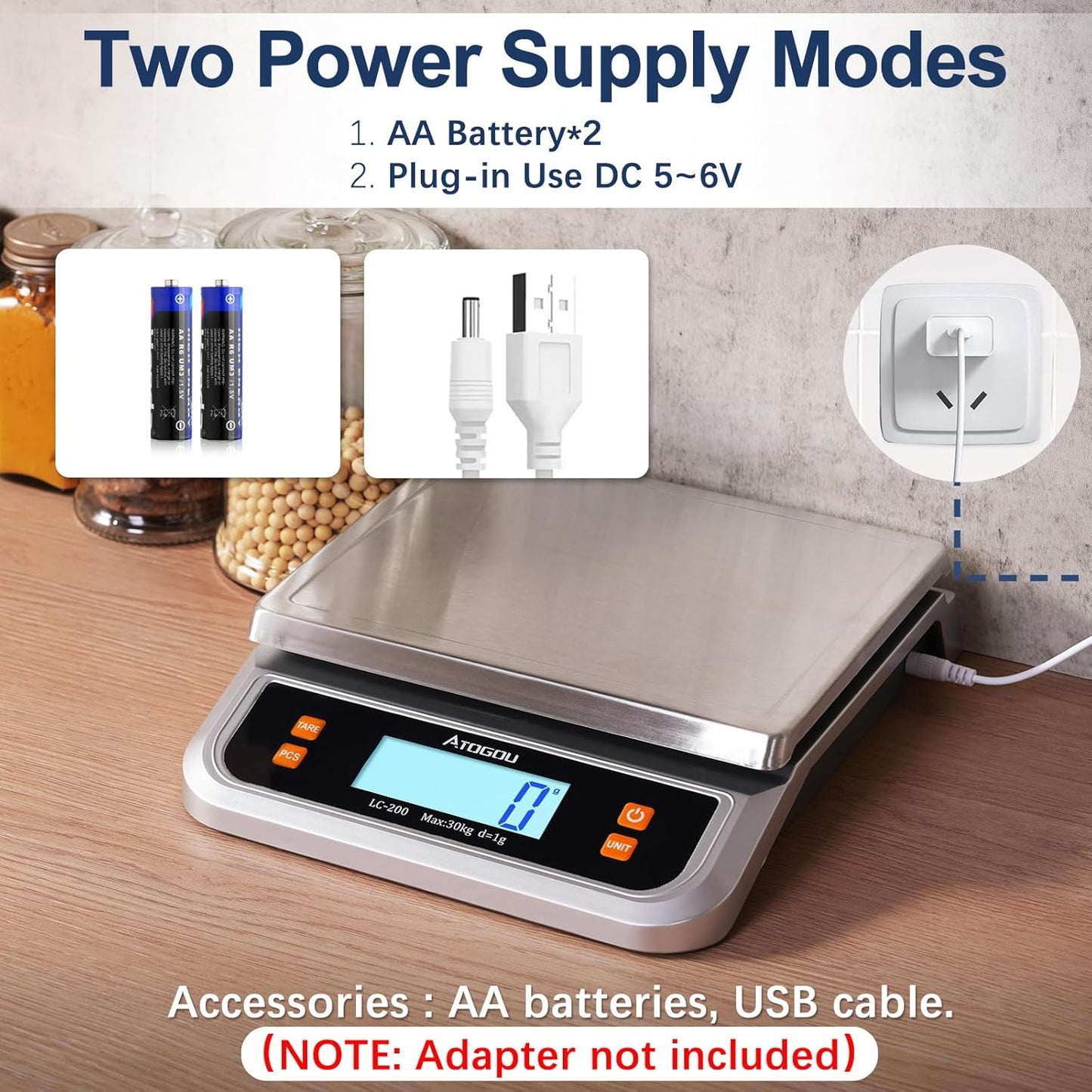 Atogou 88lb Commercial Digital Kitchen Scale 40kg/1g, with 6 Units Conversion, Stainless Steel, LCD Display, AA Battery or Plug-in Use for Baking, Bread, Cooking, Meat LC200 Grey