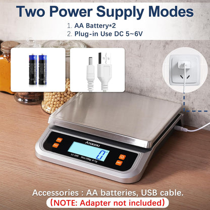 Atogou 88lb Commercial Digital Kitchen Scale 40kg/1g, with 6 Units Conversion, Stainless Steel, LCD Display, AA Battery or Plug-in Use for Baking, Bread, Cooking, Meat LC200 Grey