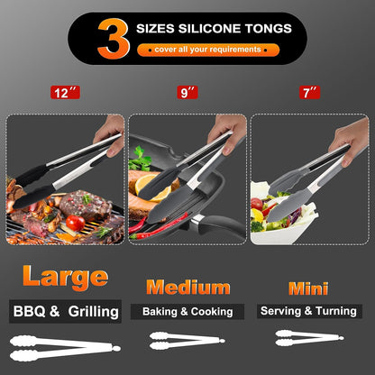 Anaeat Non-Stick Silicone Locking Tong Set of 3 - Stainless Steel 7", 9", 12" Kitchen Food Tongs with Non-Slip Silicone Tips and Grip for Cooking, Baking and BBQ - Heat Resistant up to 480°F (Black)