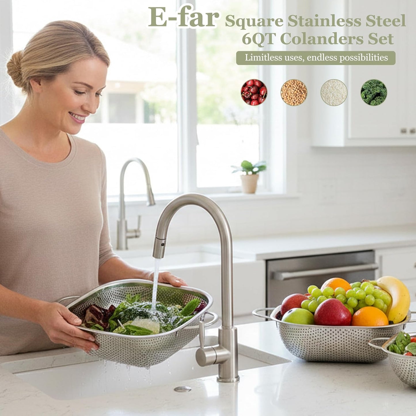 E-far 3 Pack Colander for Kitchen, Square Stainless Steel Metal Strainer Colander with Handle for Draining Food Pasta Vegetable, Micro-Perforated & Elevated Feet, Dishwasher Safe(2.4/4/6QT)