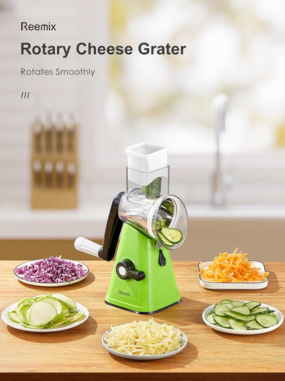 Rotary Cheese Grater with Handle, Reemix Vegetable Cheese Shredder Slicer Grater for Kitchen 3 Changeable Blades for Cheese Potato Zucchini Nuts Chocolate (White)