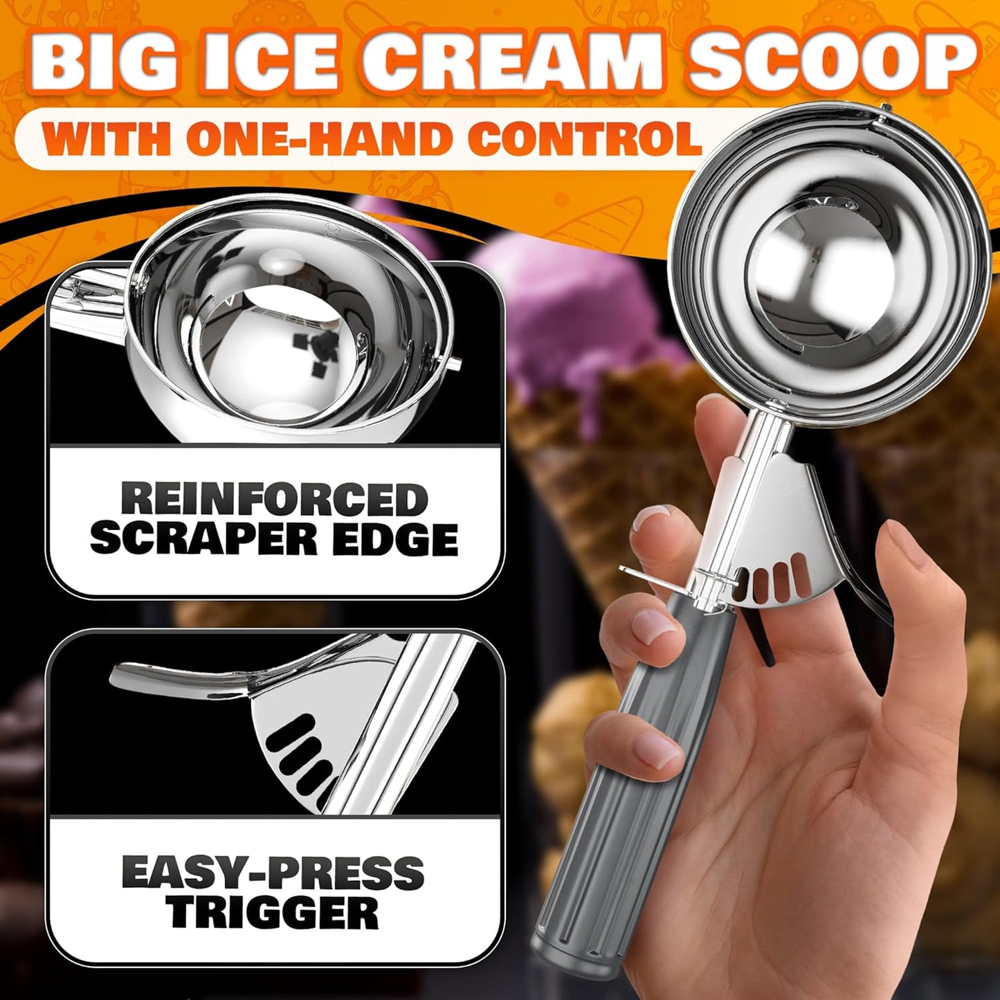 Cookie Scoop Set - Ice Cream Scoop with Trigger - Cookie Scoops for Baking Set of 3#16 (2.7 oz), #20 (2 oz), #30 (1.25 oz), Stainless Steel Versatile Tool, Portion Control for Cookies and Treats Prep