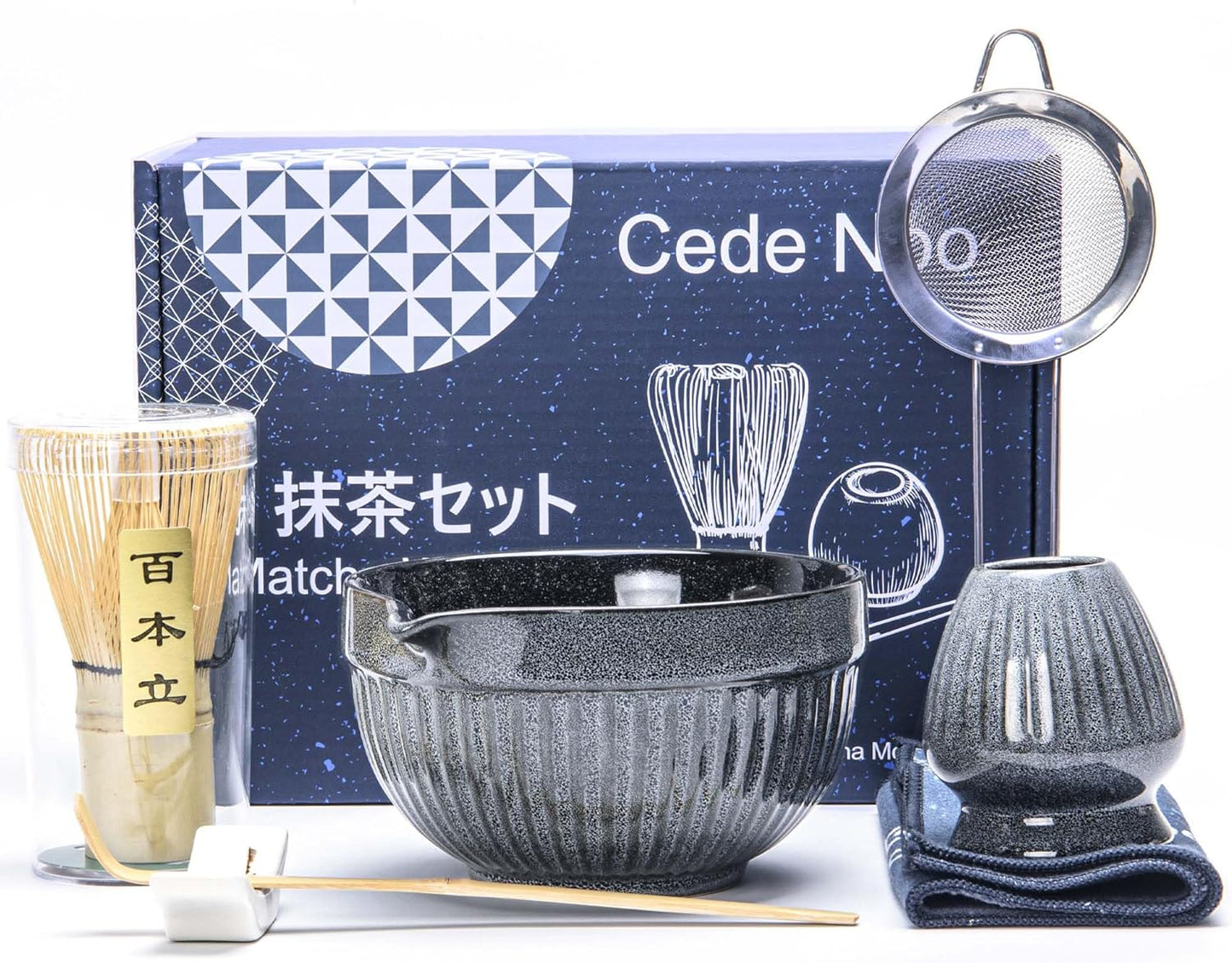 7pcs Matcha Whisk Set with 18oz Spout Bowl, Japanese Tea Ceremony Kit, Natural Bamboo Whisk Scoop, Ceramic Holder Sifter Towel, Best Gift for Beginners and Matcha Lovers