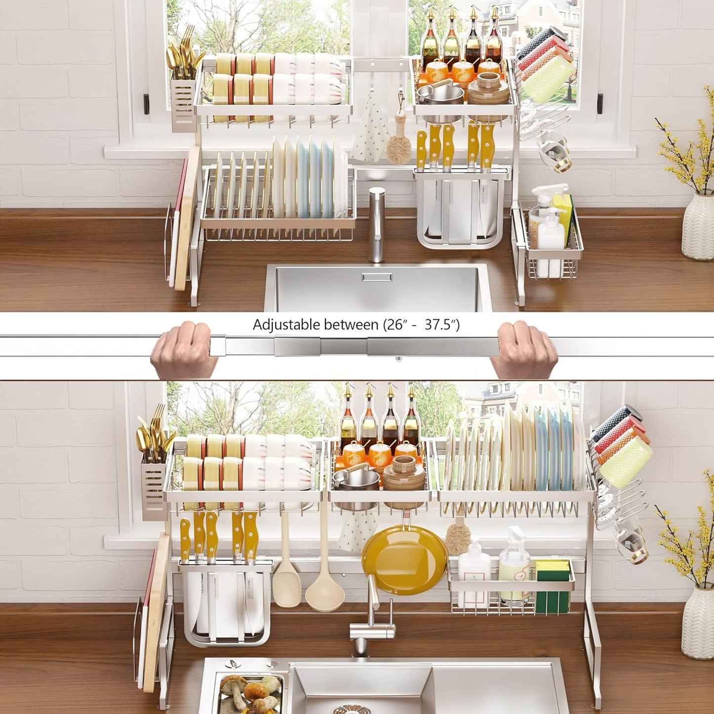 PUSDON Over the Sink Dish Drying Rack, 2 Tier Adjustable Large Capacity Stainless Steel Dish Rack for Kitchen Counter, Heavy Duty Space Saver Organizer with Utensil Holder, Black
