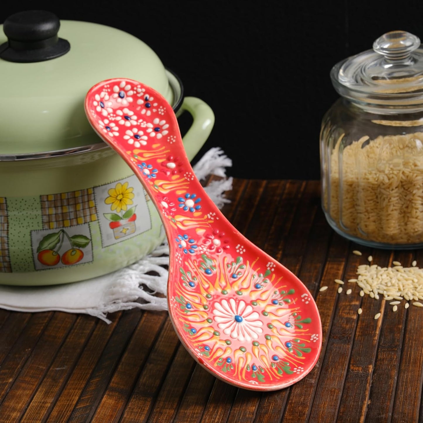 Handmade Spoon Rest, Ceramic Spoon Rest for Stove Top, 10" Spoon Rest for Kitchen Counter, Dishwasher Safe Spoon Holder for Stove, Housewarming Gifts Utensil Rest, Colorful Spoon Rests (Black)