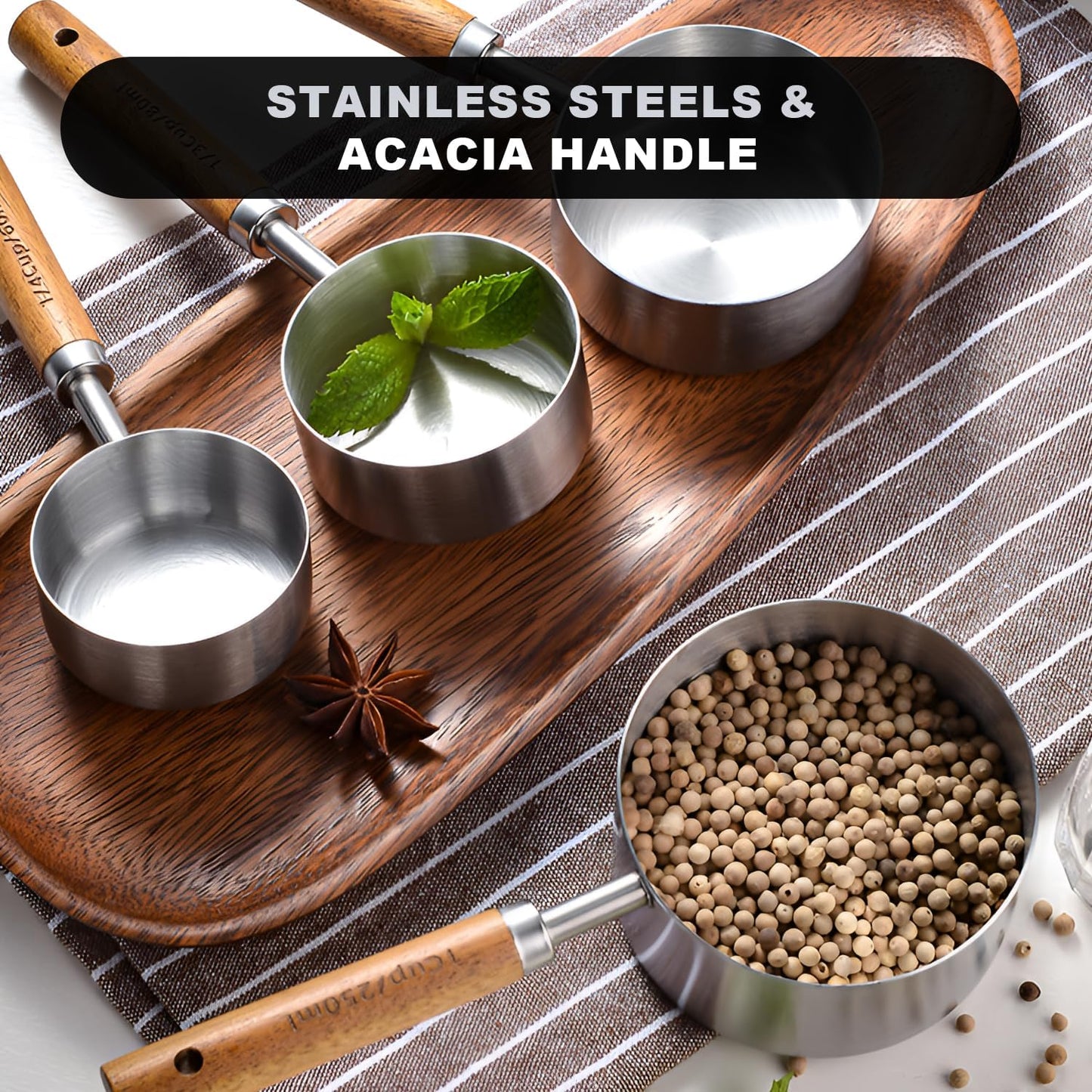 SHIKORI Gold Measuring Cups and Spoons Set with Wood Handles, Premium Stainless Steel Measuring Spoons and Measuring Cups Set-Gold
