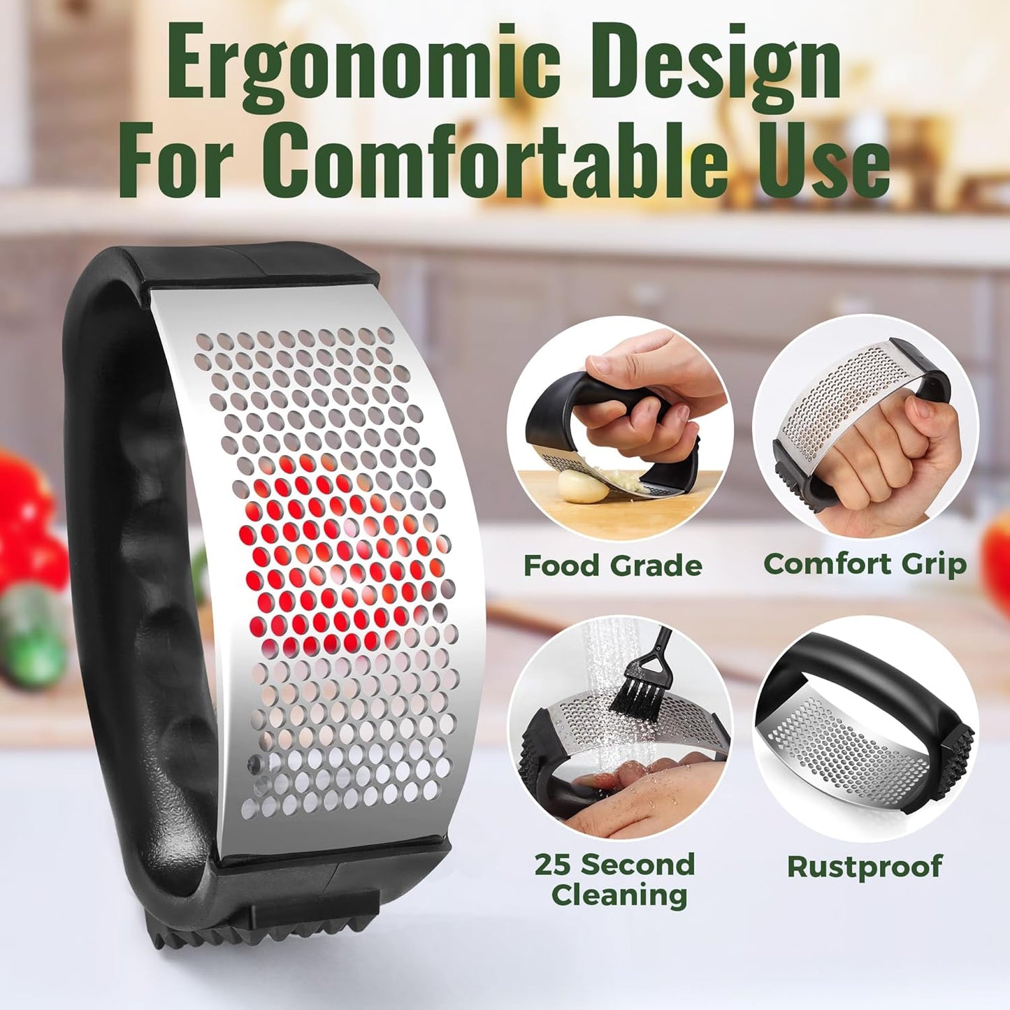 Pomyter Garlic Press Rocker, Stainless Steel Garlic Mincer and Garlic Crusher, Easy-Squeeze Garlic Tool with Peeler and Cleaning Brush for Smashing Garlic