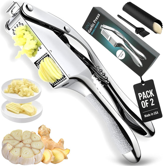 Garlic Press Stainless Steel – Pack of 2, 3-in-1 Heavy Duty Garlic Mincer & Slicer, Ergonomic Easy-Squeeze Handle, Dishwasher Safe, 3-in-1 Set with Silicone Peeler & Cleaning Brush
