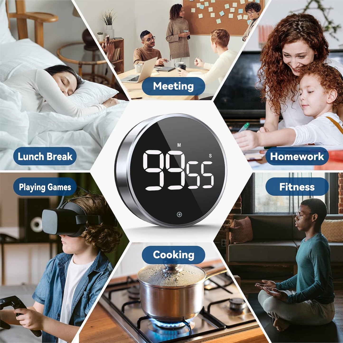 Digital Kitchen Timer, 3.8'' Large LED Display Countdown Countup Timer, Timer for Kids, Classroom Magnetic Timer, Adjustable Volume, Brightness, Easy for Cooking/Study/Office/Exercise (Ridged Knob)